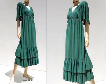 Angel Sleeve Dress Forest Green Dress Bell Sleeve Dress 90s Plus Size Dress Vintage Midi Dress Embroidered Dress Boho Festival Dress xl, 1x