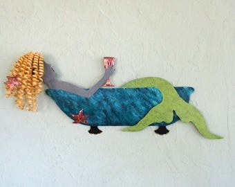 Metal Wall Art Mermaid Sculpture Bathtub Wine Blonde Reclaimed Coastal Bathroom Beach House Decor Teal Lime Green Turquoise Aqua 8 x20
