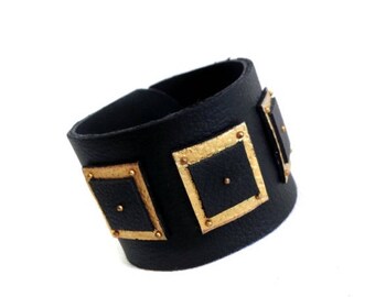 40% OFF SALE Fashion leather cuff bracelet. Black and gold color Leather jewelry Wristband "Geometry of Metamorphose" collection