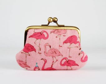 Metal frame purse with two sections - Party flamingo in pink - Siamese daddy / Japanese fabric / Two pockets / mint green / tropical birds