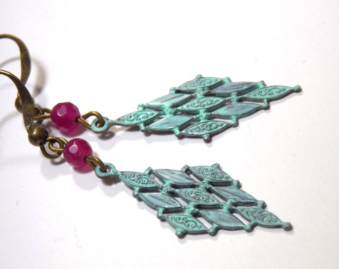 Brass Patina Earrings Turquoise Ruby Gemstone Earrings Bohemian Earrings Boho Gypsy Earrings Brass Stamping