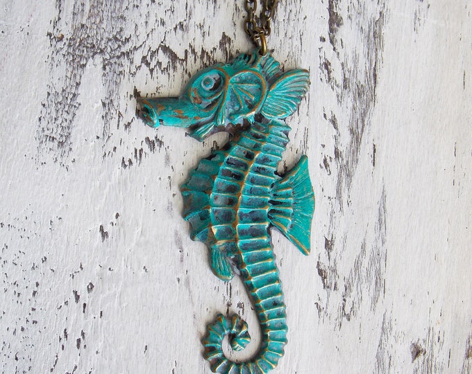 Brass Seahorse Patina Necklace Blue Green Ocean Nautical Seaman Beachy Verdigris Patina Blue Jewelry