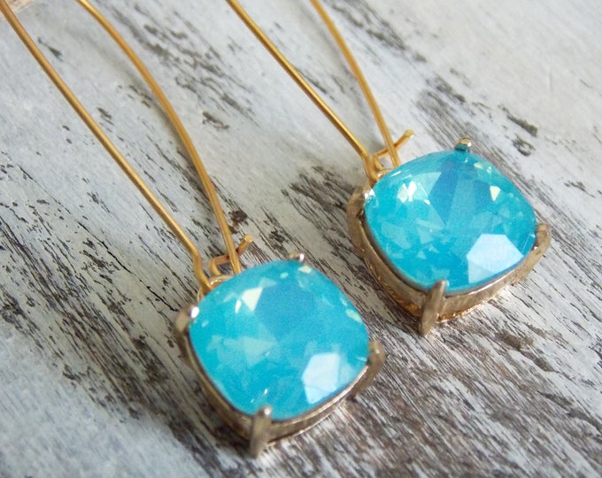 Gold Aqua Blue Earrings, Wedding Jewelry, Bridesmaid Gift, Opal Blue Glass Earrings, Gold Jewelry, Anniversary Gift for Her