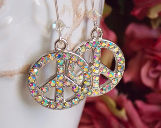 Peace Sign Boho Chic Crystal Earrings Swarovski Crystal Light Minimalist Earrings Sparkle Glam Rhinestone Gift Jewelry