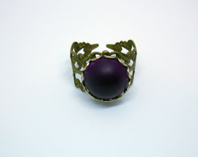 Vintage Purple Lucite Cabochon Antique Style Adjustable Ring Victorian Renaissance Brass Rustic Filigree Statement Art Nouveau Ring