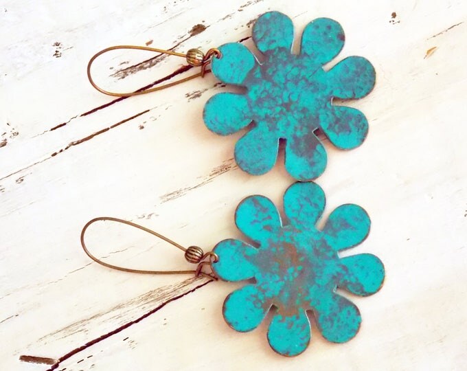 Verdigris Patina Brass Flower Earrings-Textured Blue Dangle Drop Bohemian Earrings -Daisy Earrings-Boho Earrings-Rustic Woodland Earrings