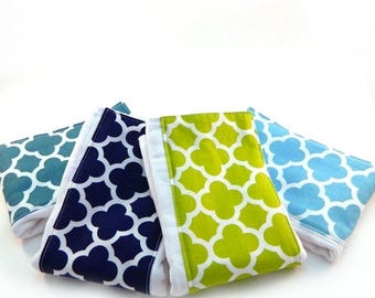 SALE Burp Cloth / Quatrefoil Geometric Burp Cloths - Your Choice- Set of 4, Baby Clothes // Cotton Diaper Burp Cloths // Boys or Girl Burp