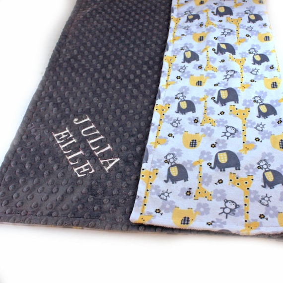 Animal Minky Baby Blanket, Personalized Baby Blanket - Gray Yellow Elephant Giraffe Stroller Blanket - Nursery Decor / Elephant Blanket