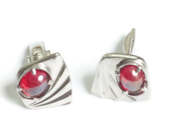 Red Glass Cabs Cuff Links Cufflinks Silver Tone Modernist Vintage