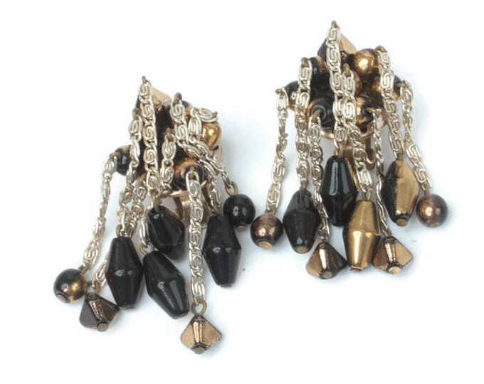 Hobe Dangle Cascade Earrings Two Tone Black Gold Beads Vintage