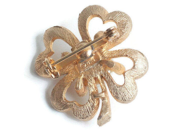 Four Leaf Clover Pin Faux Pearl Clear Rhinestones Signed JJ Gold Tone Smaller Vintage Pin