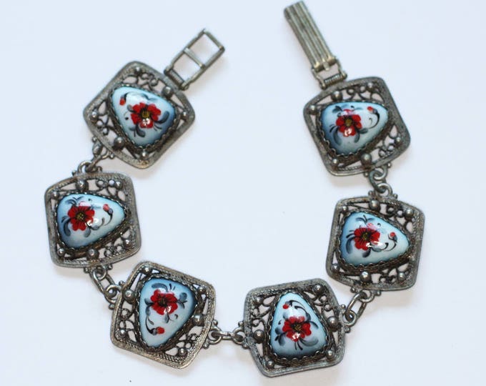 Floral Porcelain Enameled Filigree Bracelet Red Blue Russian Finift Enamel Silver Filigree Vintage