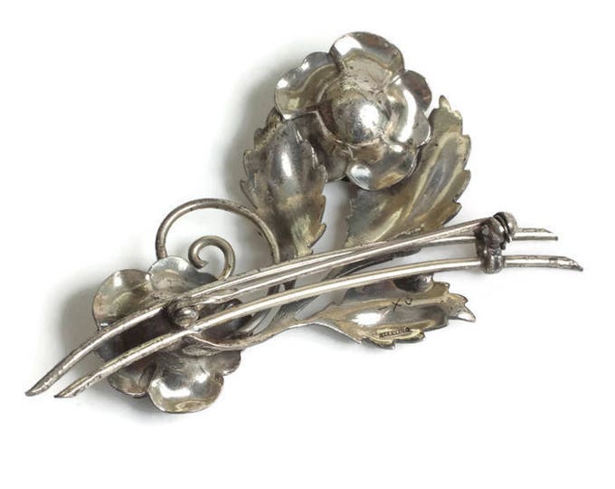 Retro Double Flower Sterling Brooch 1940s Vintage