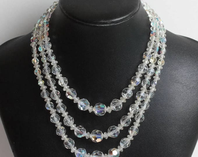 AB Faceted Crystal Necklace Three Strand Wedding Bridal Special Occasion Vintage