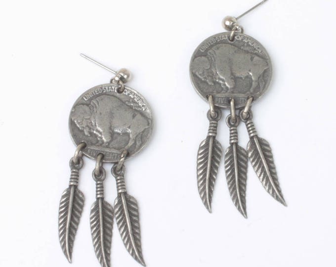 Buffalo Nickel Style Earrings Feather Dangles Simulated Coin Jewelry Silver Tone Vintage