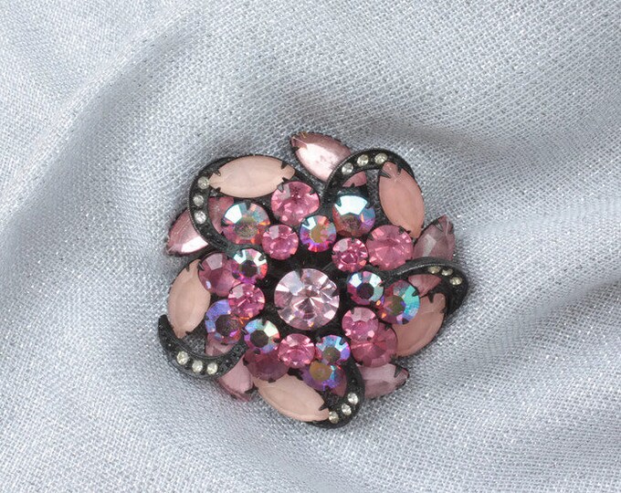 Pink Rhinestone Pinwheel Brooch AB Frosted Stones Japanned Finish Dimensional Vintage