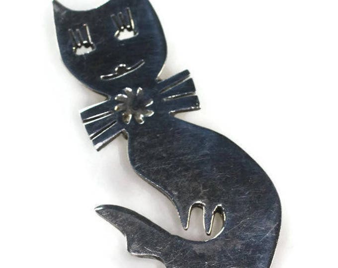 Smiling Cat with Bow Tie Brooch Sterling Silver Cut Out Design Curled Tail Taxco Mexico Signed