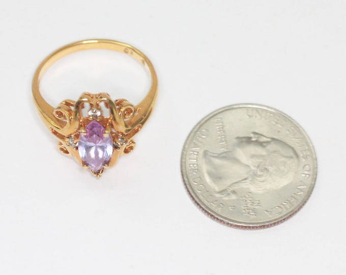 Amethyst Glass Ring Marquise Stone Fancy Setting Clear Accents Size 10 Vintage