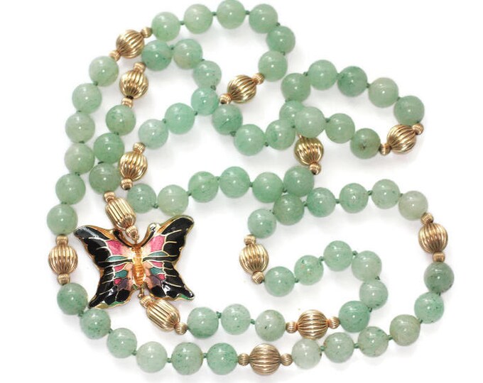 Green Aventurine Bead Necklace Cloisonne Butterfly Focal Gold Tone Beads Hand Knotted Vintage