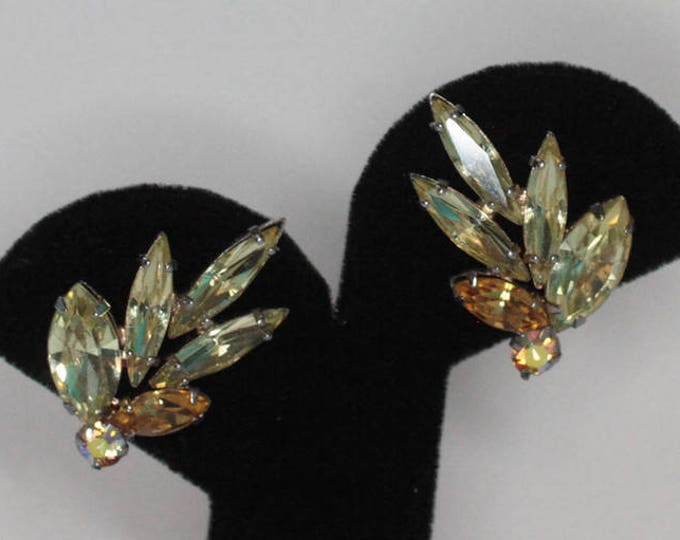 Yellow and Orange Rhinestone Earrings Clip Ons Navettes Marquise and Chaton Vintage