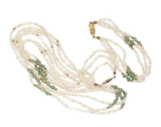 Rice Pearl and Green Aventurine Set Necklace Bracelet Gold Plated Beads Demi Parure