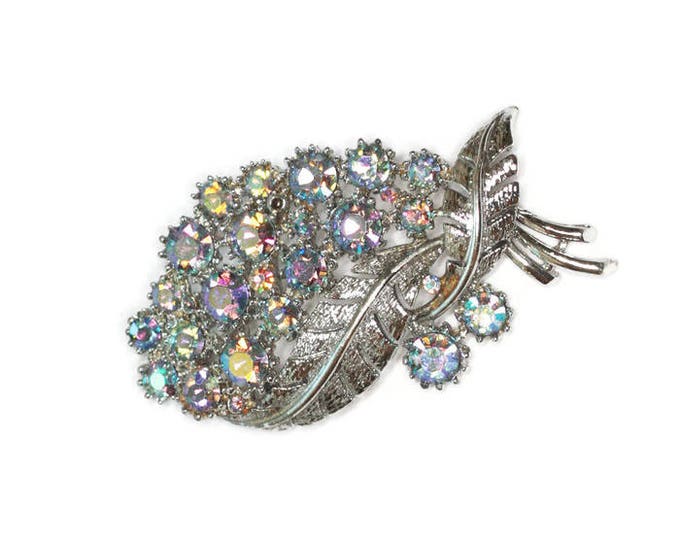 AB Rhinestone Brooch Leaf Design Signed CORO Vintage