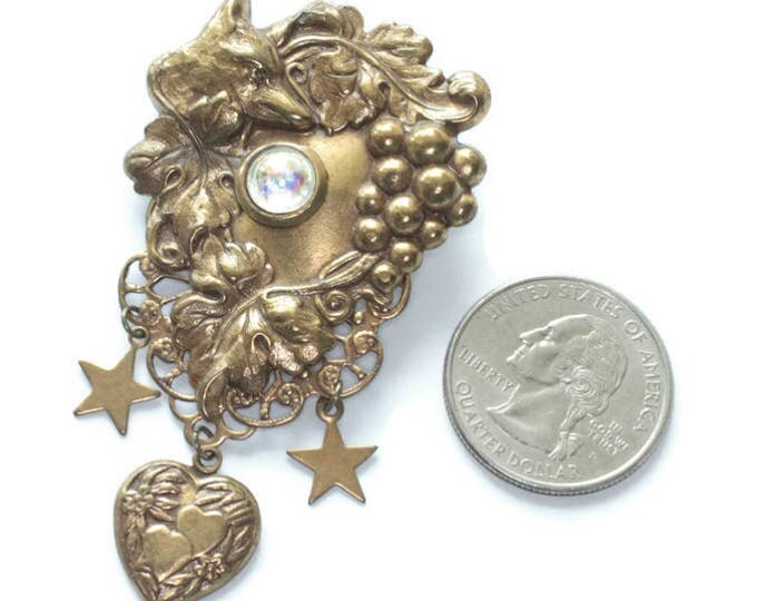 Victorian Revival Stamped Brass Brooch Repousse Fox Grape Leaves Heart and Star Dangles