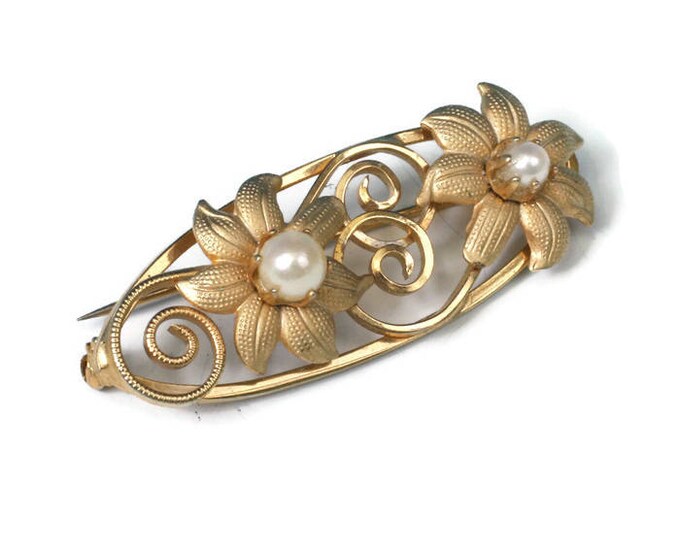 Cultured Pearl Oval Pin Brooch Flowers Gold Tone Vintage