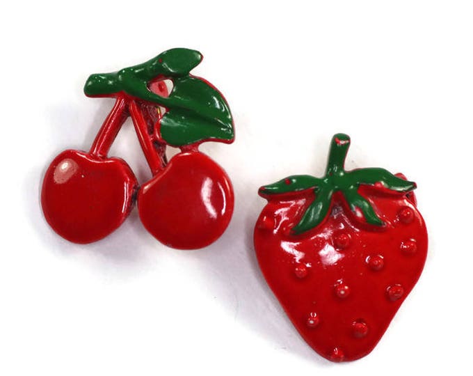 Enameled Red Cherry and Strawberry Scatter Pins Vintage