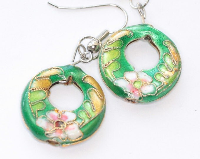 Cloisonne Dangle Earrings Floral Pink and Green Open Circle Shape