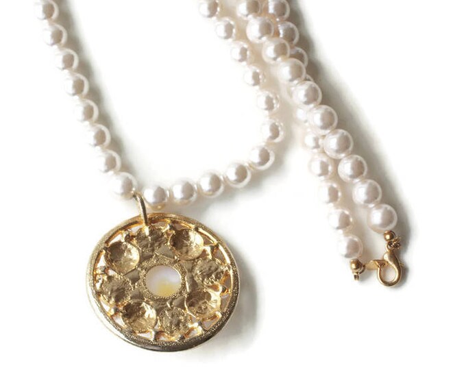 Long Faux Pearl Necklace with Chunky Medallion Pendant 36 Inch Necklace