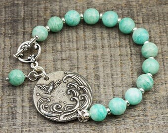 Bird and wave bracelet, light blue amazonite beads, silver 7 1/2 inches long, Laurel Moon Jewelry
