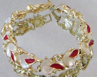 SALE Vintage Bracelet Mother of Pearl and Red Enamel