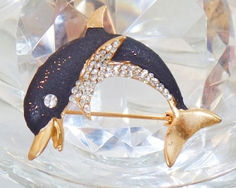 SALE Vintage Rhinestone Dolphin Brooch. Black and Gold Rhinestone Dolphin Pin.