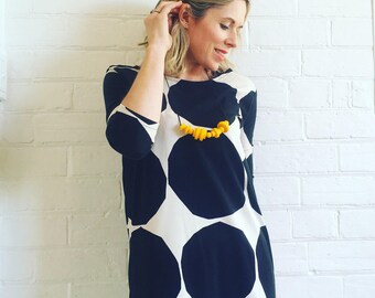 Womens large Polka Dot Dress, Marimekko Kivet Fabric ,tunic, marimekko jersey KIVET Black and Cream or Purple and Orange, Jersey Dress