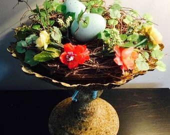 Lg Rustic Metal Pedestal With Spring Birds Nest And Large Aqua Eggs Lg Rustic Metal Pedestal With Spring Birds Nest And Large Aqua Eggs