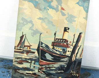 Vintage Paint by Number Boat Ship PBN 1950s Canvas Fabric Wood Panel