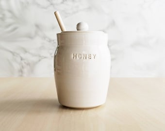 WHITE Ceramic Honey Pot & Dipper