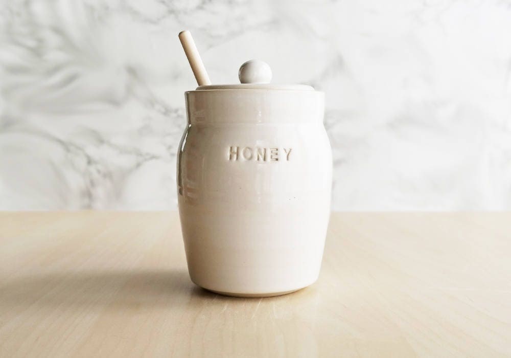 WHITE Ceramic Honey Pot & Dipper