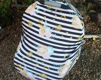 Stretchy Car Seat Cover - Nursing Poncho - Pink Mint Gold Floral Baby Cover - Black White Stripe Canopy - Shower Gift - Girl Baby Car Canopy