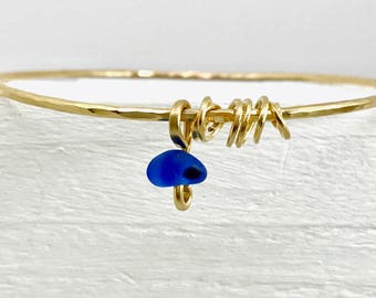 Sea glass bangle, blue seaglass bangle, antique glass bracelet, genuine sea glass, blue gold bangle, gold bracelet, seaglass charm bangle