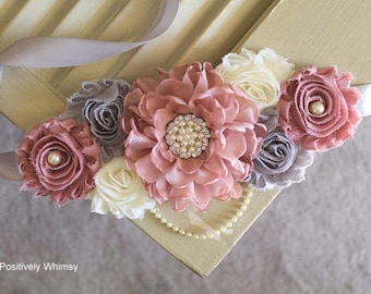 Pink Gray Maternity Sash, Girl Maternity Sash, Pink Maternity Sash, Baby Girl Sash, Dusty Pink, Vintage Pink, Pink Gray Ivory, RTS