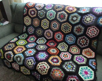Handmade Crochet Multi-Colored Black Edged Kaleidoscope Afghan 48 x 68