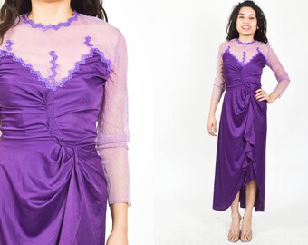 PURPLE MESH LACE Dress. 70's 80's Long Asymmetrical Hem. V Neckline Long Sheer Sleeves. Fitted Bodycon. High Waist. Size Small/Medium