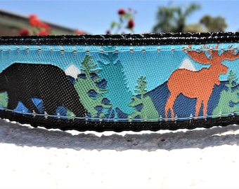 Dog Collar, Moose and Bear, Blue, Martingale collar, or Quick Release buckle collar 1" wide adjustable - see details within