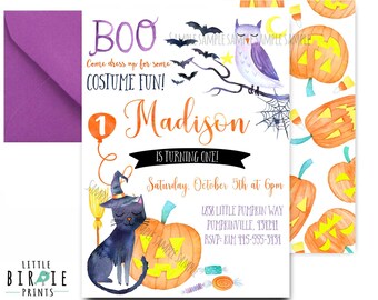 HALLOWEEN BIRTHDAY INVITATION Halloween first birthday invitation (any age) Watercolor Halloween invitation Pumpkin Cat Bat Witch invitation