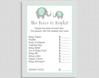 Mint Price is Right Game, Mint Elephant Baby Shower Game, Grey Chevron, Gender Neutral, DIY Printable, INSTANT DOWNLOAD