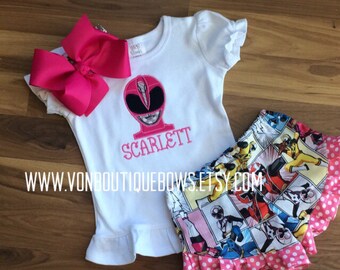 Pink power ranger Matching Boutique Bow Personalized birthday bow newborn 3 6 9 12 18 months 2T 3T 4 5 6 8 10 girls Applique short sets