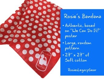 Rosie the Riveter Authentic Bandana or Headscarf with Red and White Polka Dots. Retro Style. Full Size. RtR-1