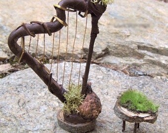 Fairy Garden Kit HARP with Bench STOOL Dollhouse Miniature Furniture Terrarium House Decor